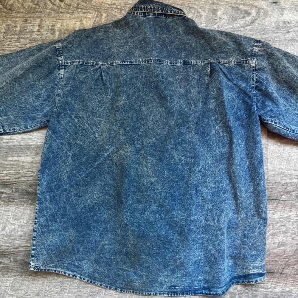 Zolo Club Parrot Graphic Denim Shirt Large Relaxed Acid Wash Blue Short Sleeve - Picture 6 of 6